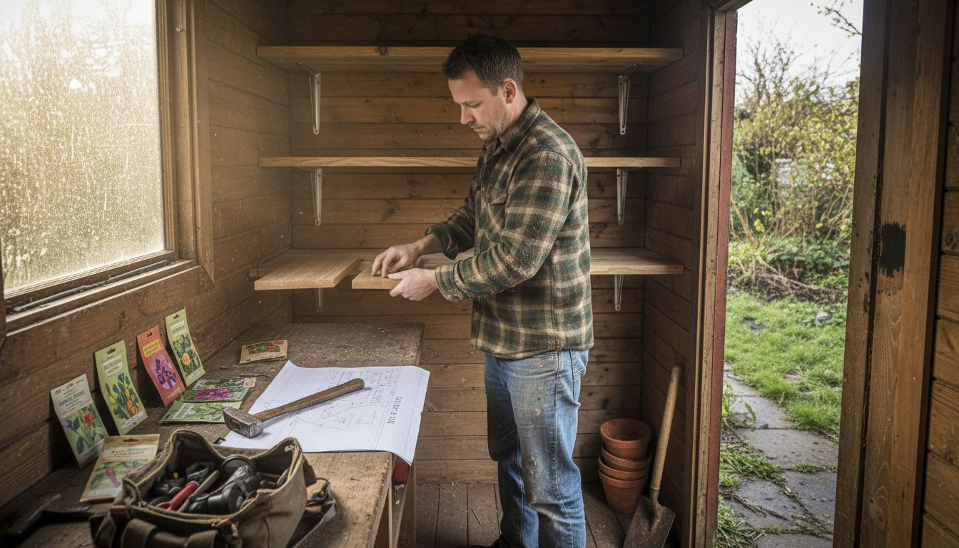 Installing shelves in garden log cabin