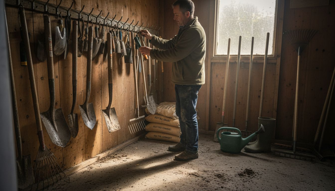 Organised garden storage with tools in UK