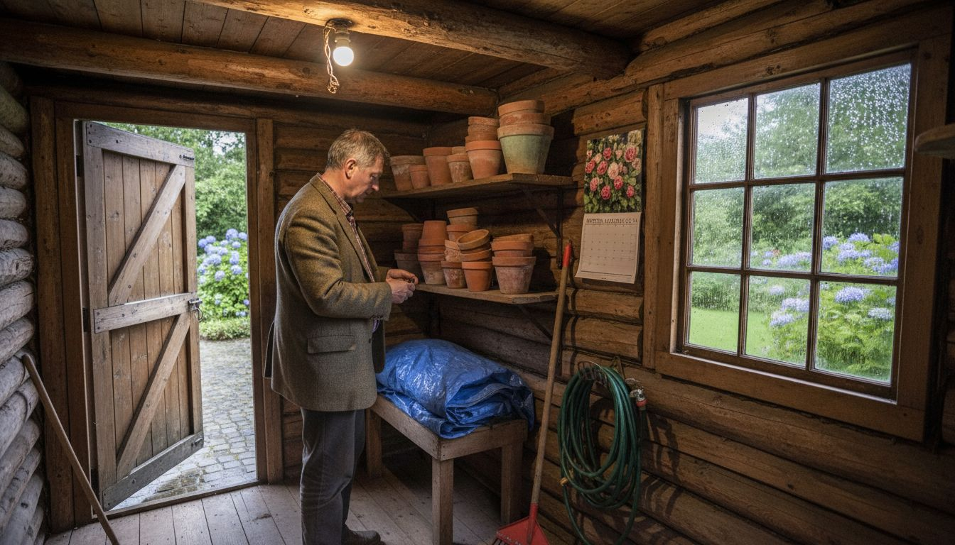 Wooden log cabin organized as garden storage