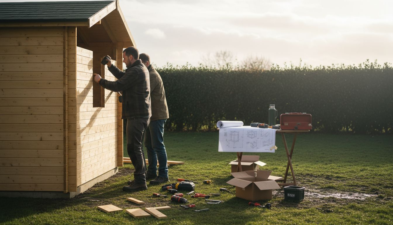 Men assembling small log cabin in garden