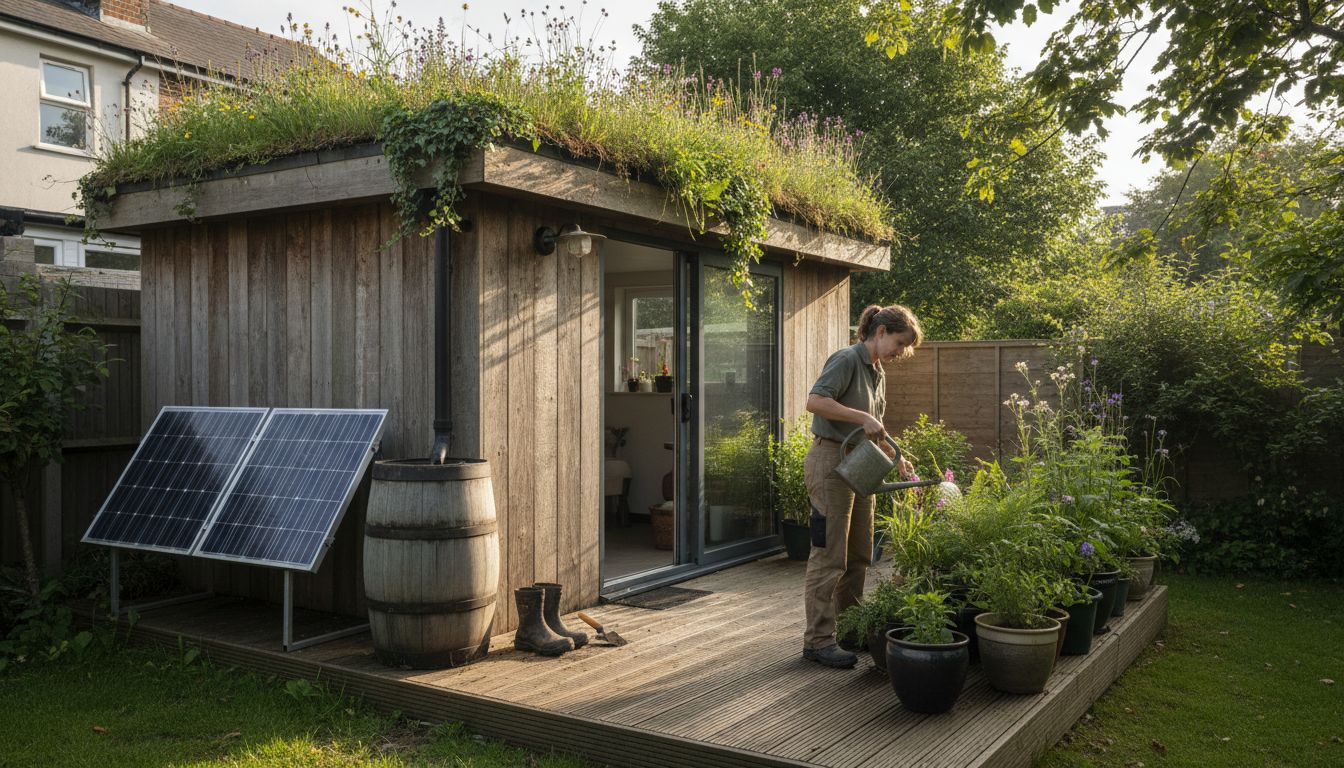 Eco-friendly garden room with native plants and solar panel
