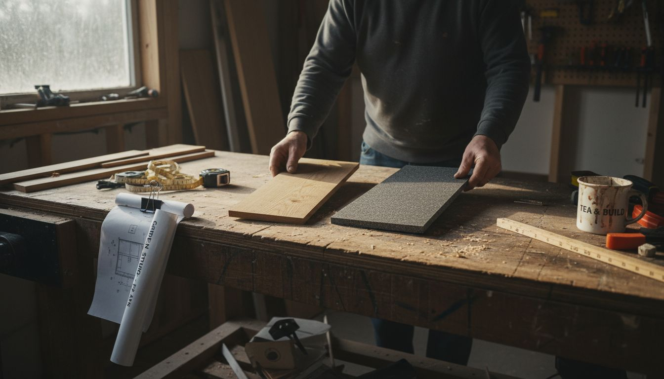 Carpenter selecting garden building materials