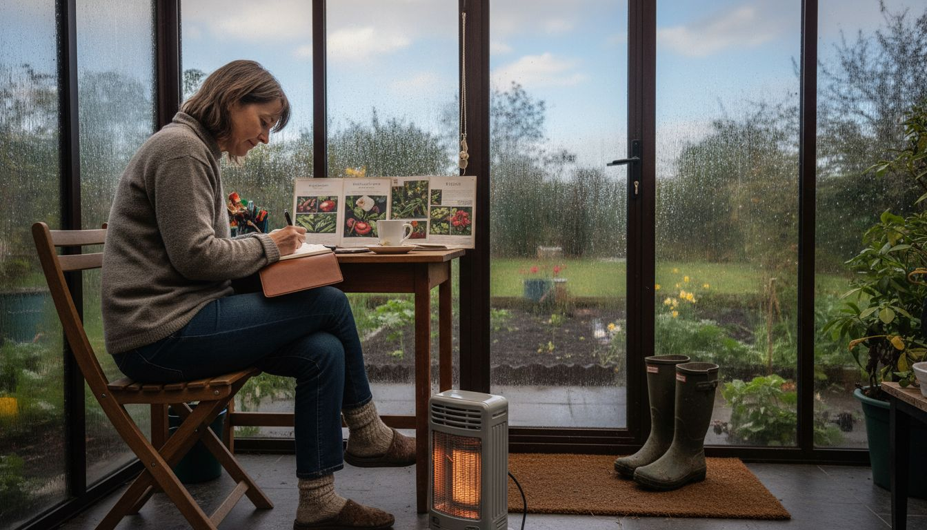 Woman writing in cozy garden room in rain