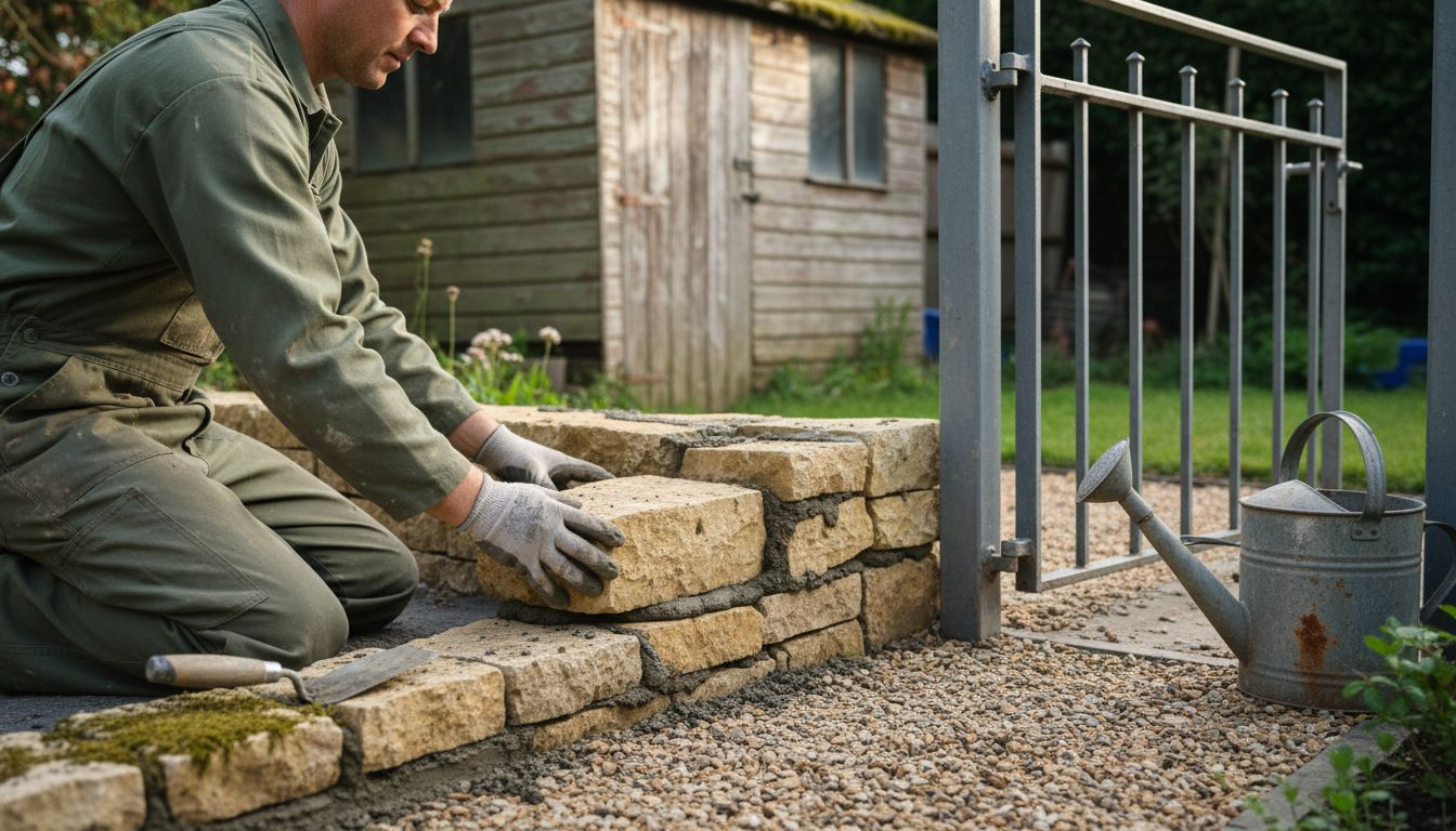 Setting stone wall and steel gate in garden