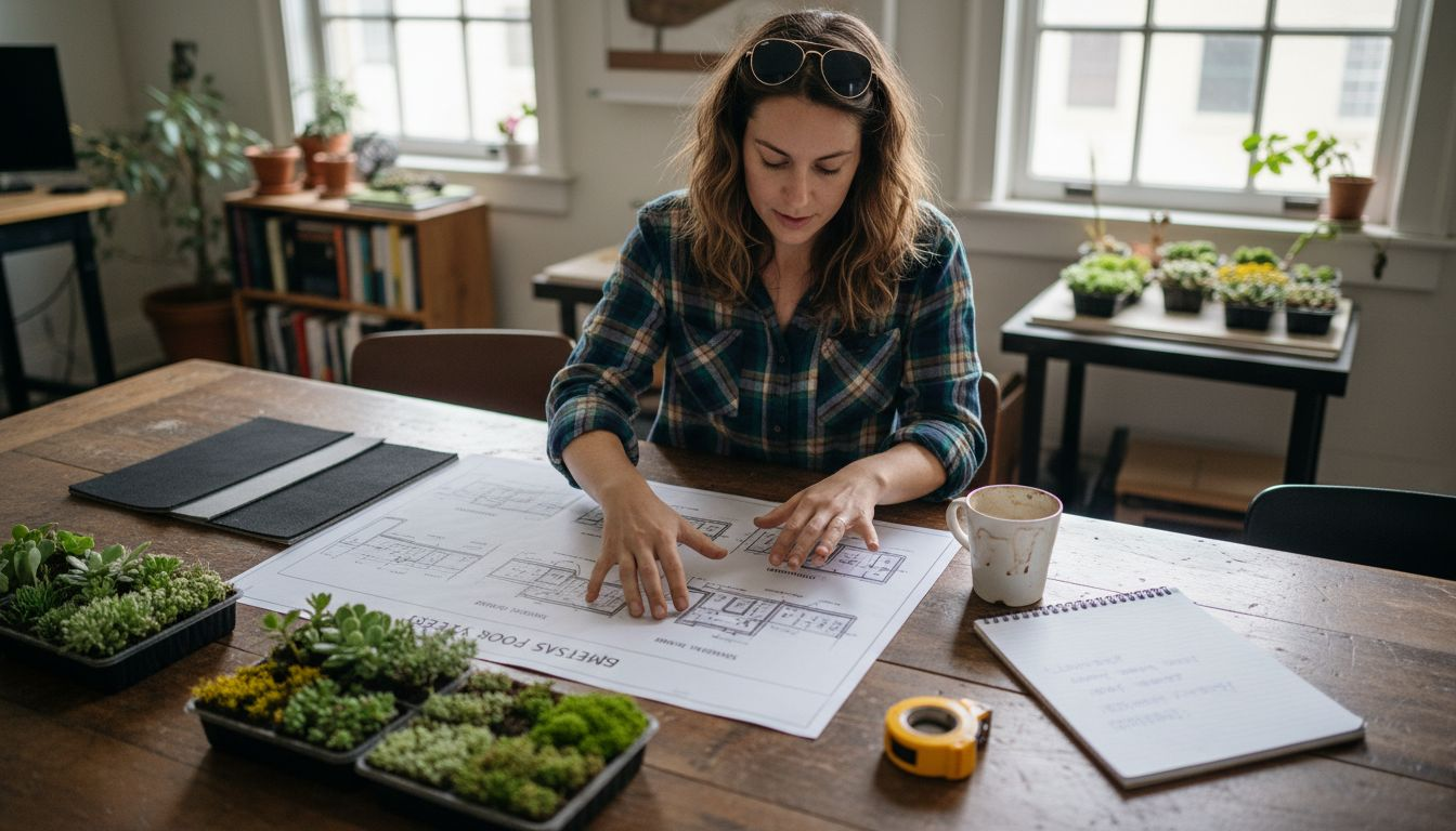 Architect reviewing green roof types and plans