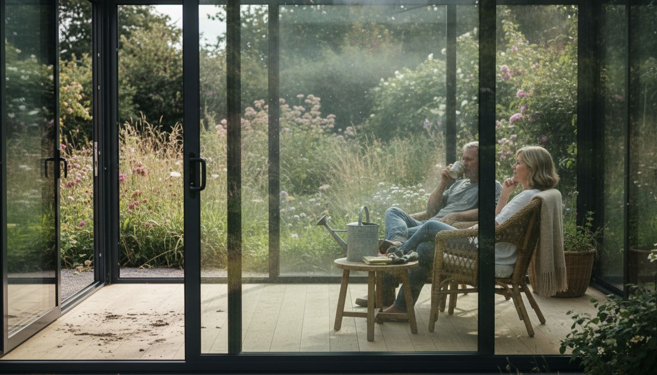 UK couple in modern garden room