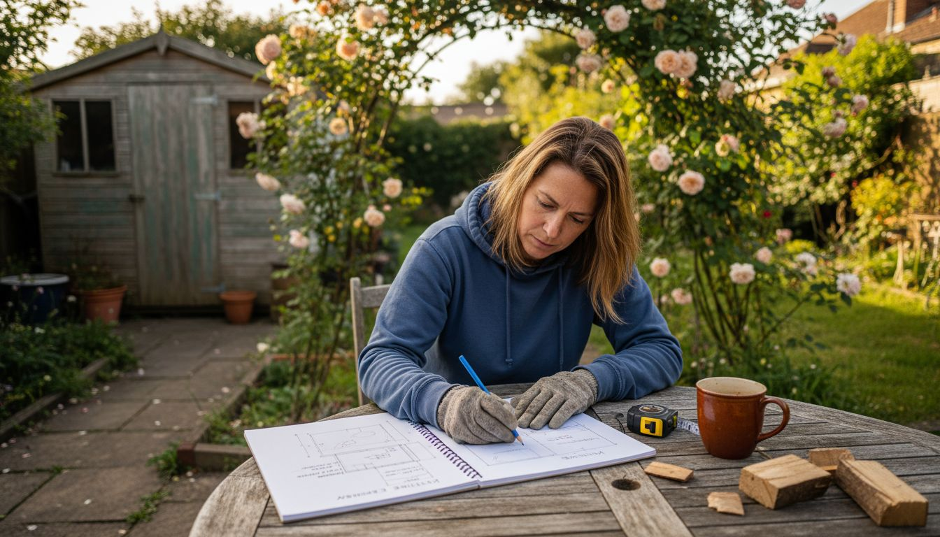 Woman sketching garden building extension plan