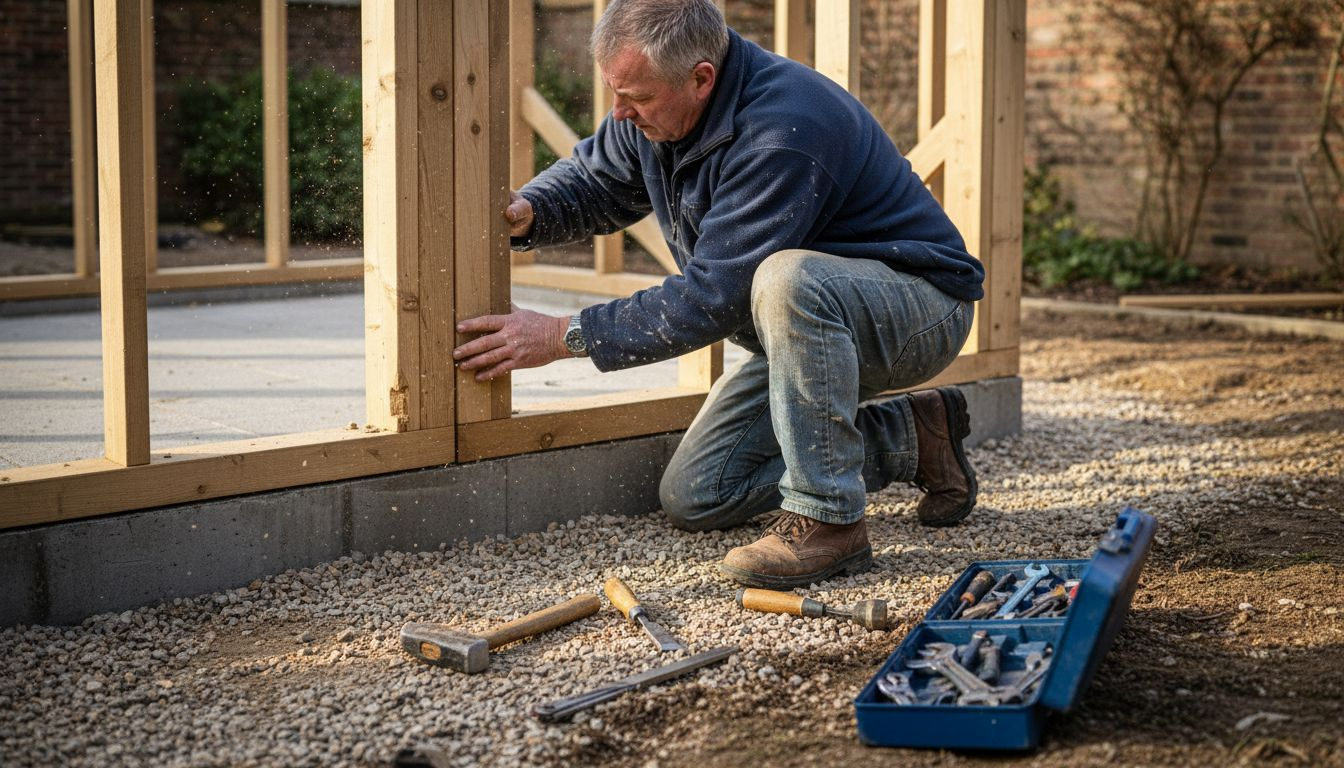 Builder checking timber garden building frame