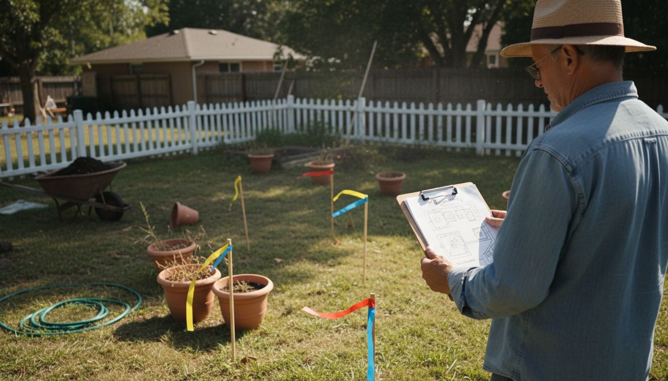 Man planning garden storage layout outdoors