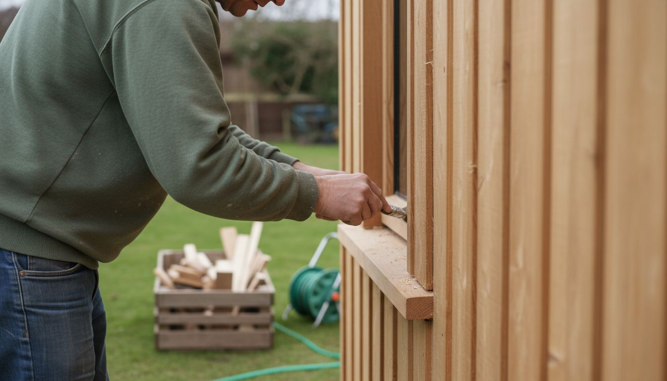 Carpenter finishing timber cladding garden room