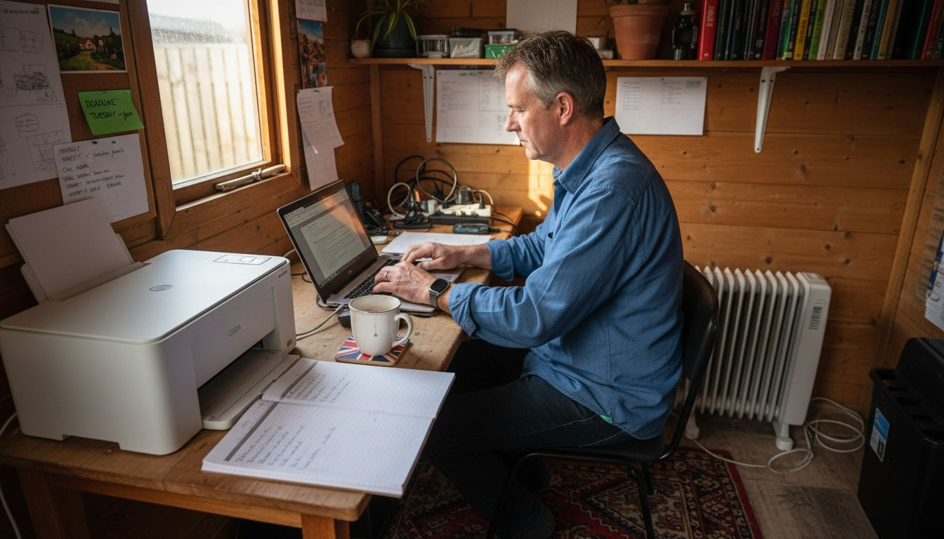 Interior of garden office with man working