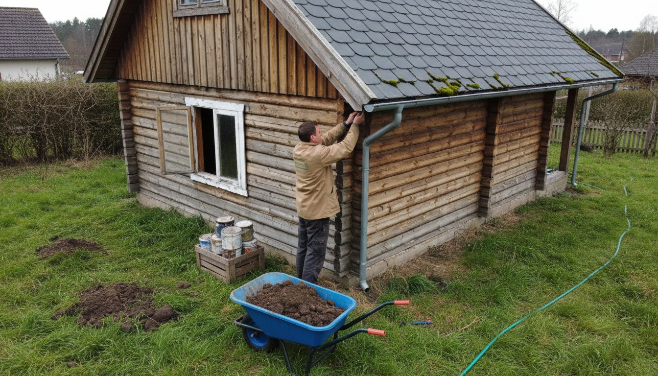 Builder adjusts pitched roof on garden cabin