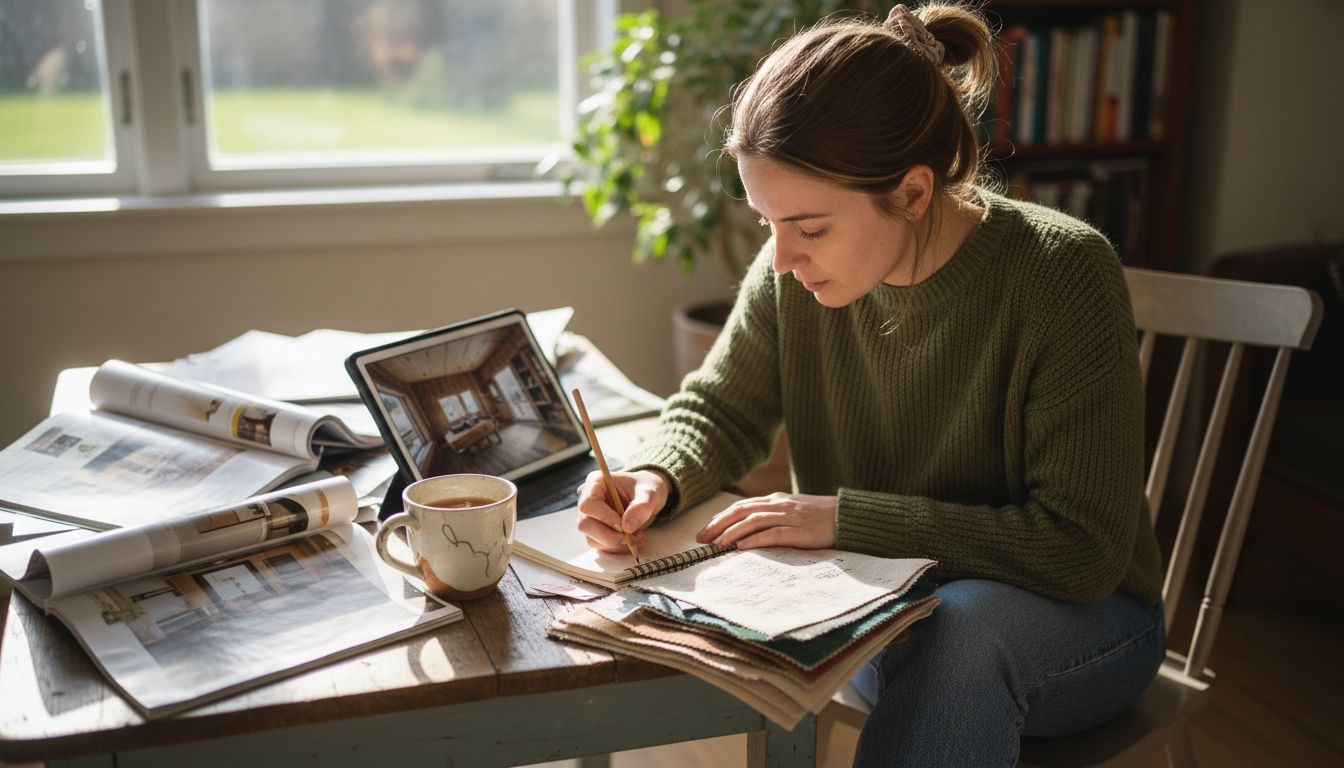 Designer choosing garden cabin style with magazines