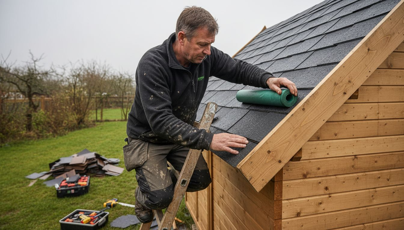 Builder installs pitched roof on cabin