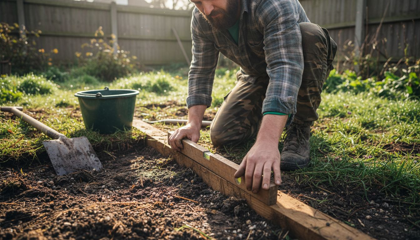 Builder checking log cabin foundation level