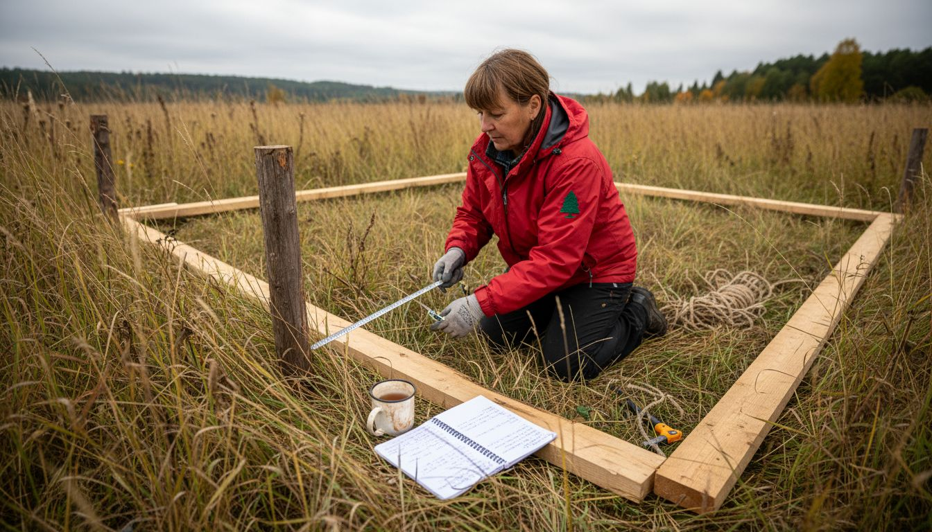 Homeowner marking log cabin garden site