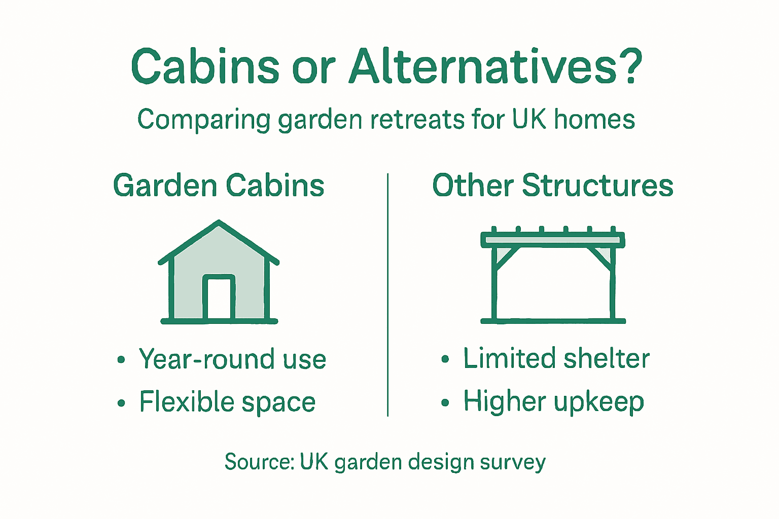 Infographic comparing cabins and alternative garden structures