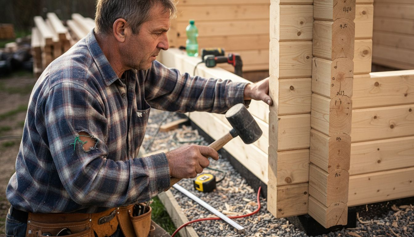 Carpenter assembling log cabin wall details