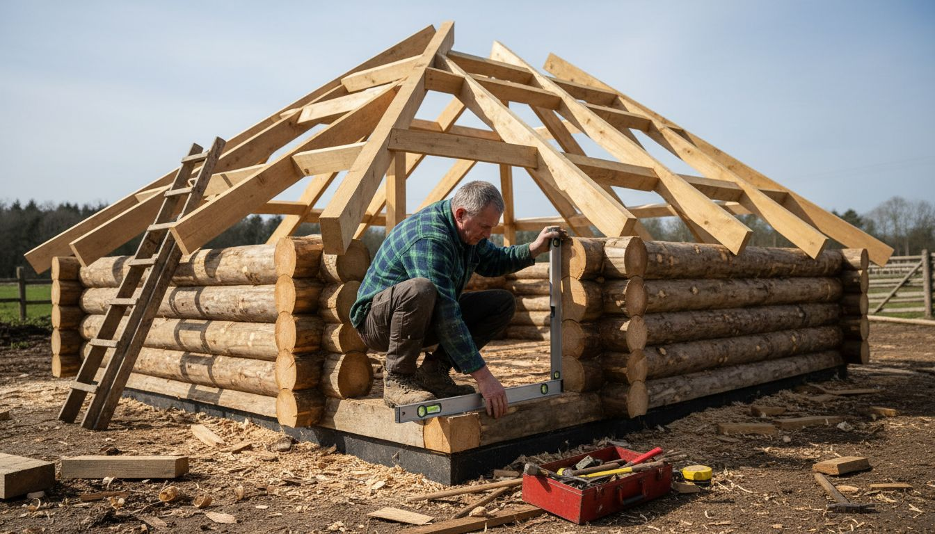 Carpenter leveling log cabin wall construction