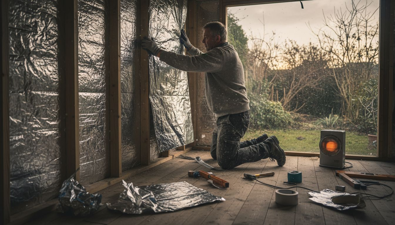 Man insulating garden cabin for year-round use