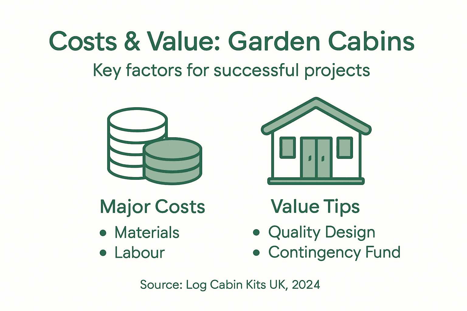 Infographic showing costs and value tips for garden cabins
