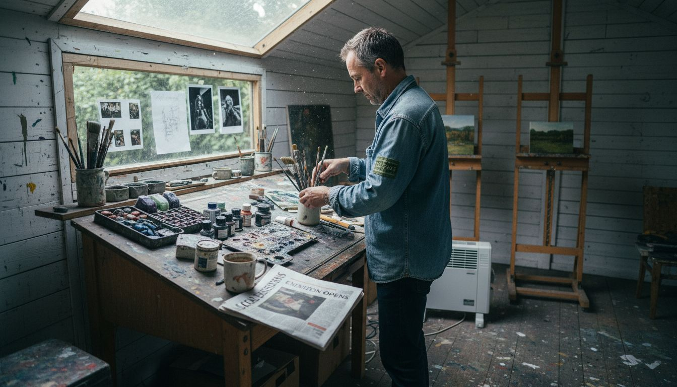 Artist arranging brushes in garden studio cabin