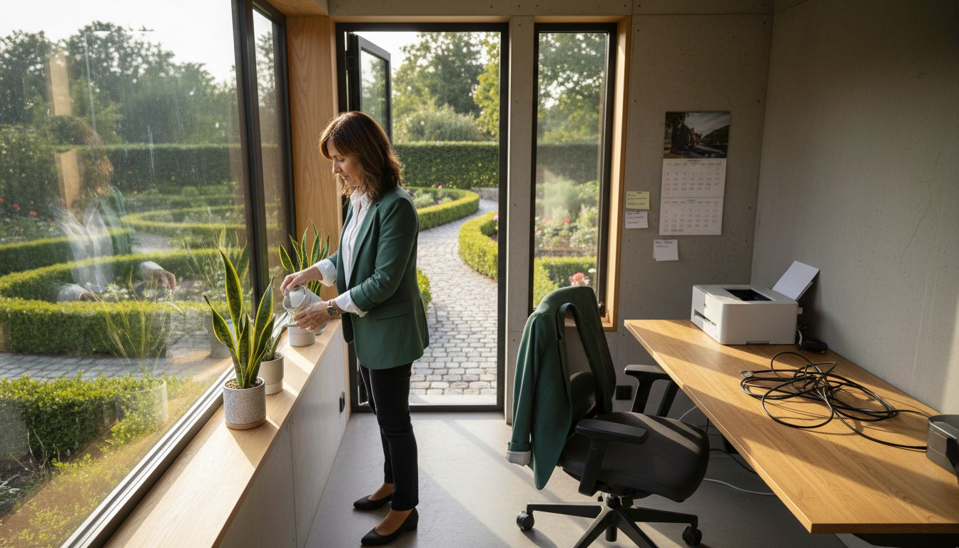 Woman in minimalist outdoor office cabin