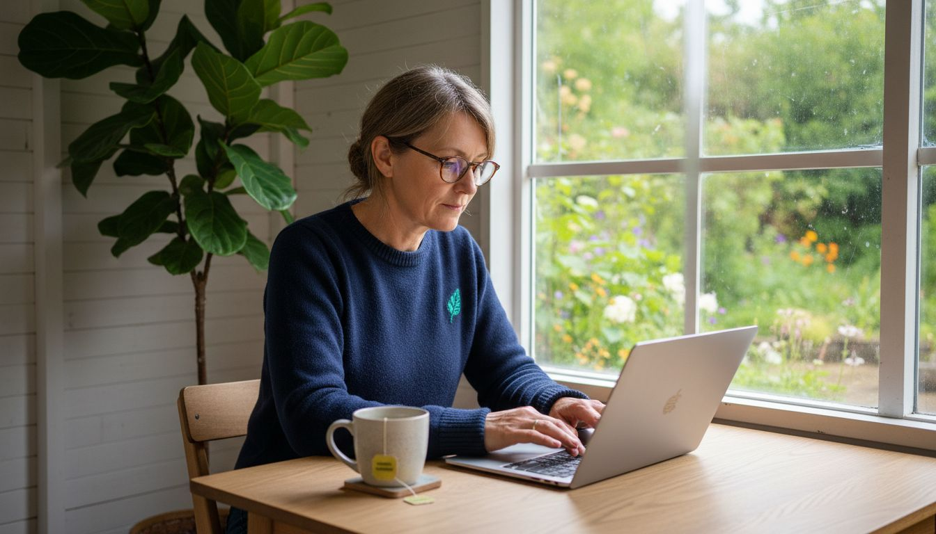 Woman working inside bright garden cabin