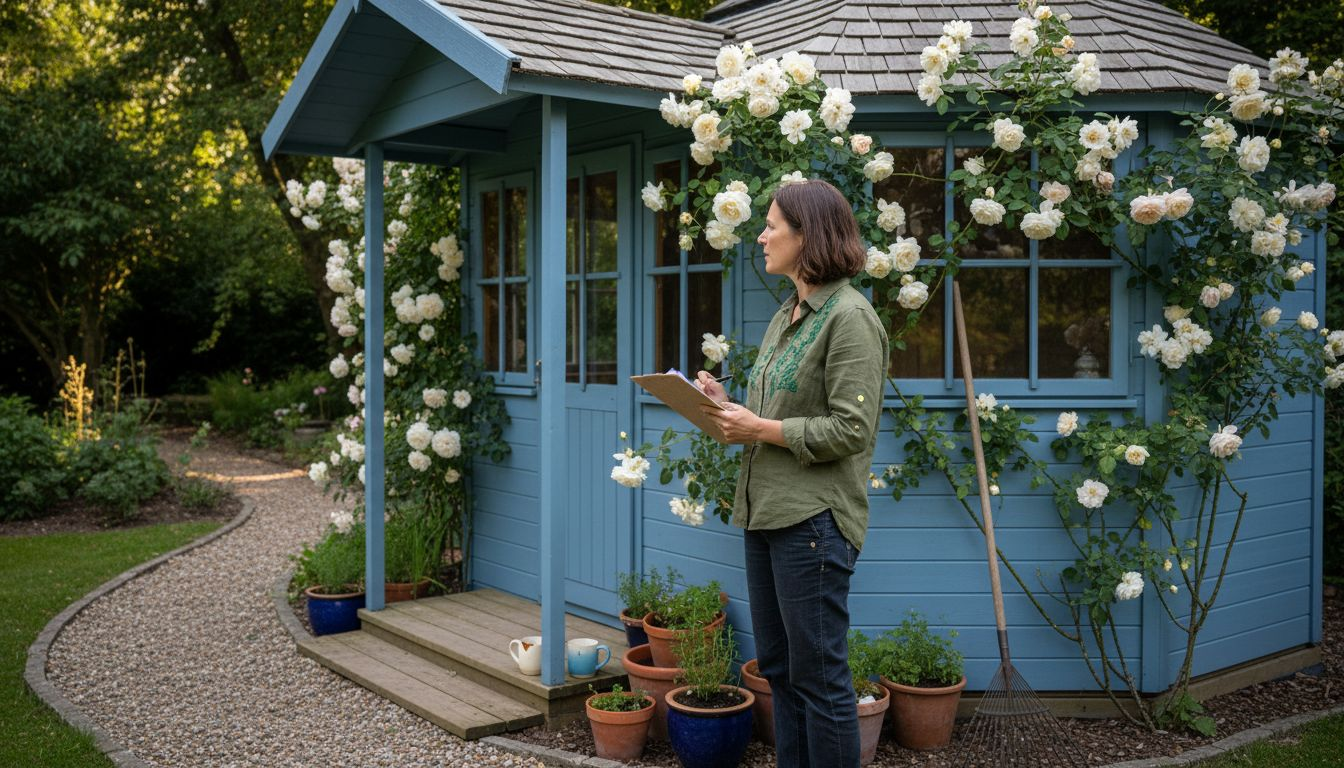 Landscape architect inspecting garden summerhouse