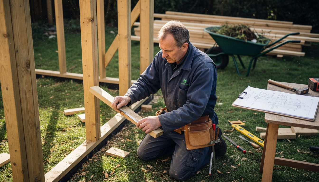 Tradesperson checking timber at garden cabin build