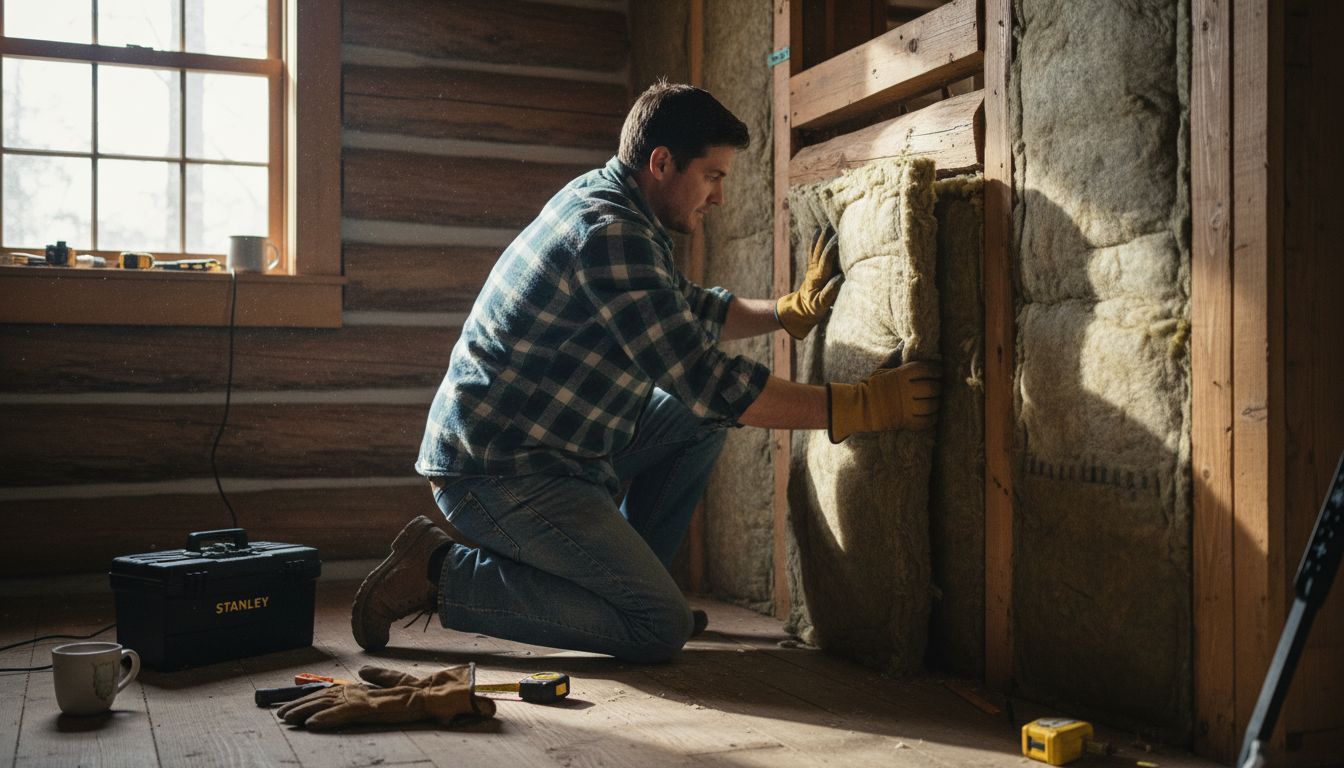 Installing insulation inside log cabin walls