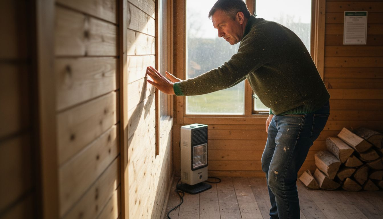 Man checking log cabin insulation interior