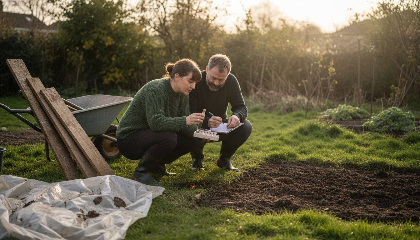 Couple preparing garden site for cabin