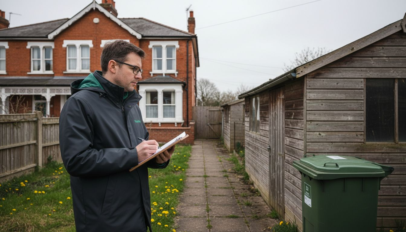 Planning officer inspects garden structure near house