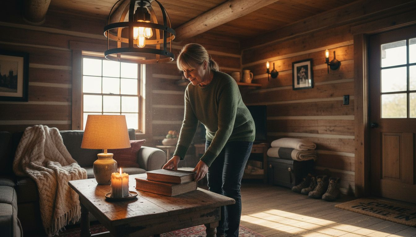 Log cabin interior with layered lighting
