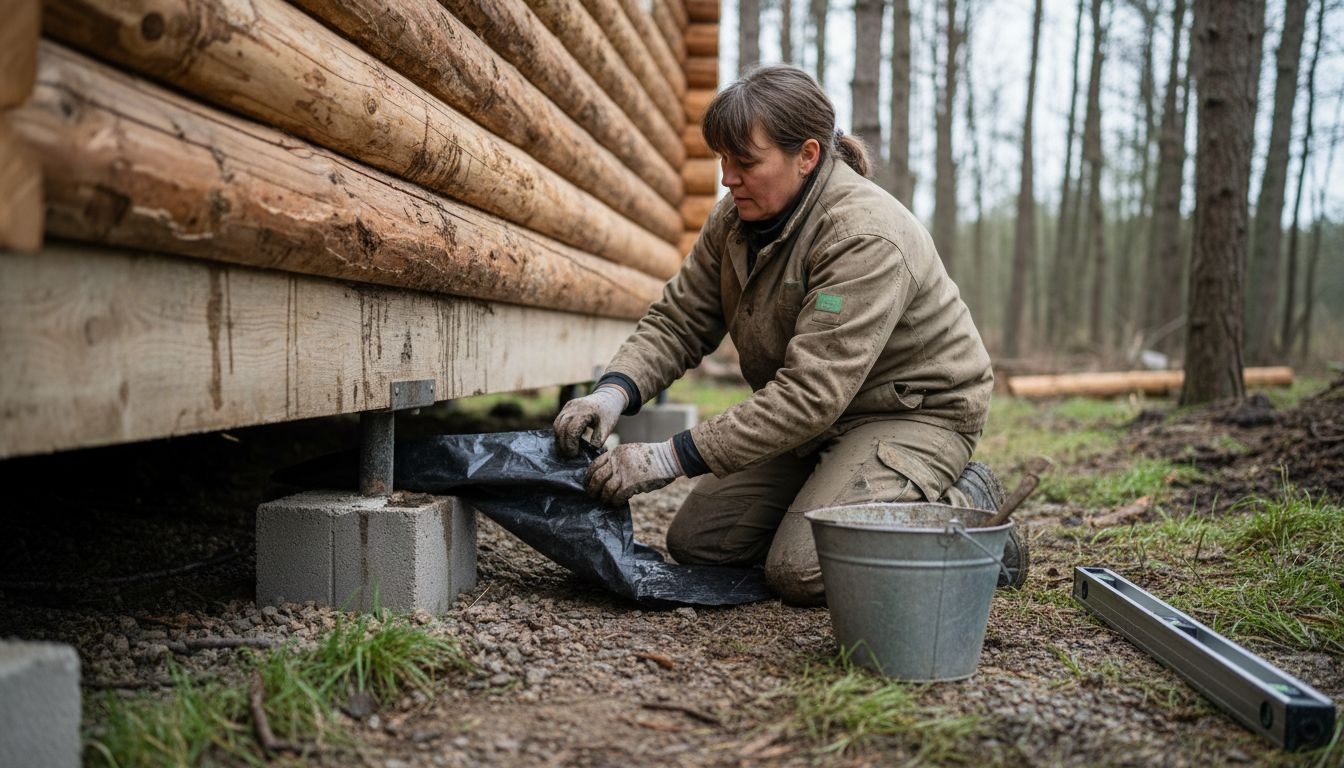 Woman checking log cabin damp proof foundation