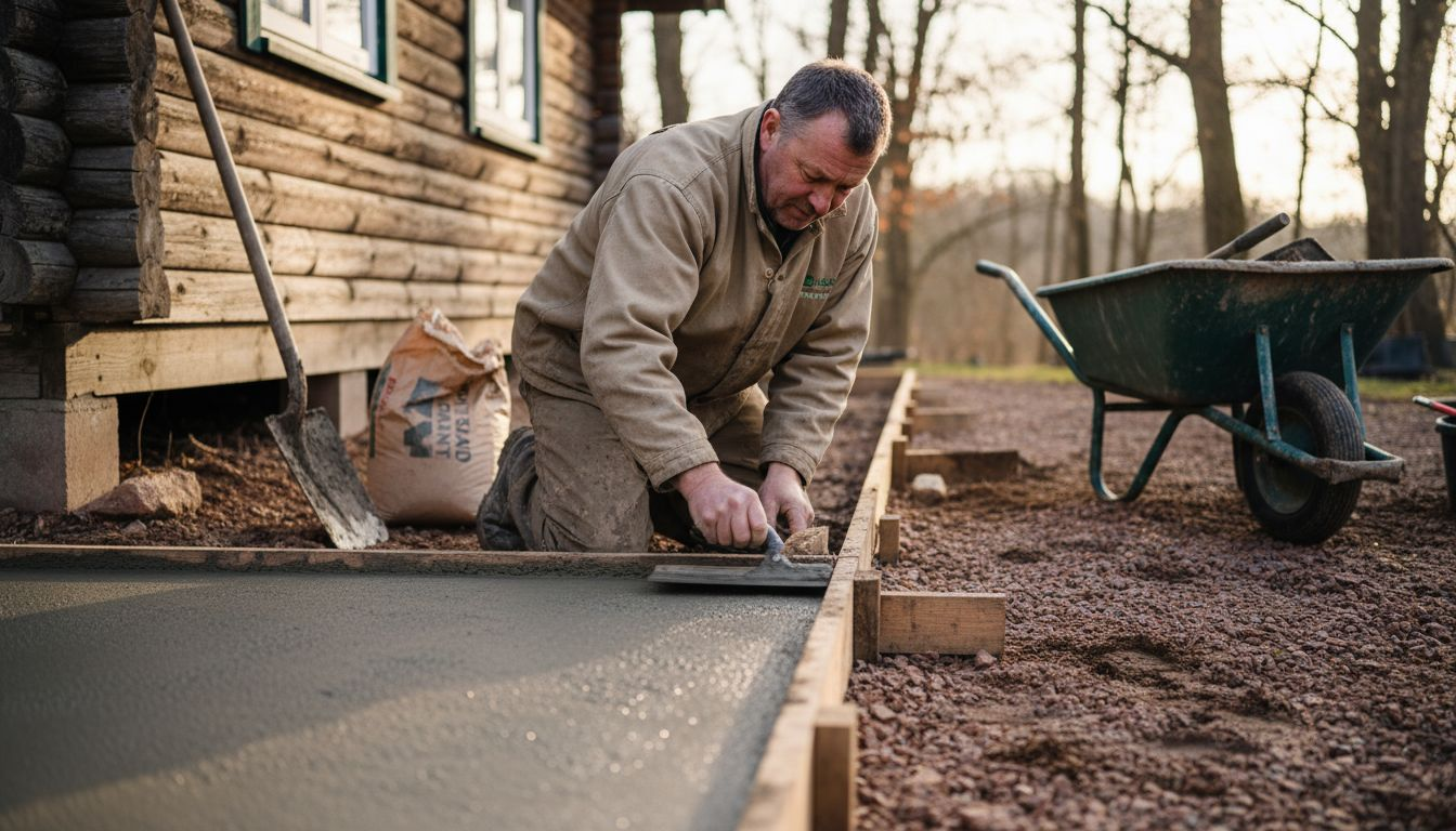 Worker smoothing concrete slab for log cabin