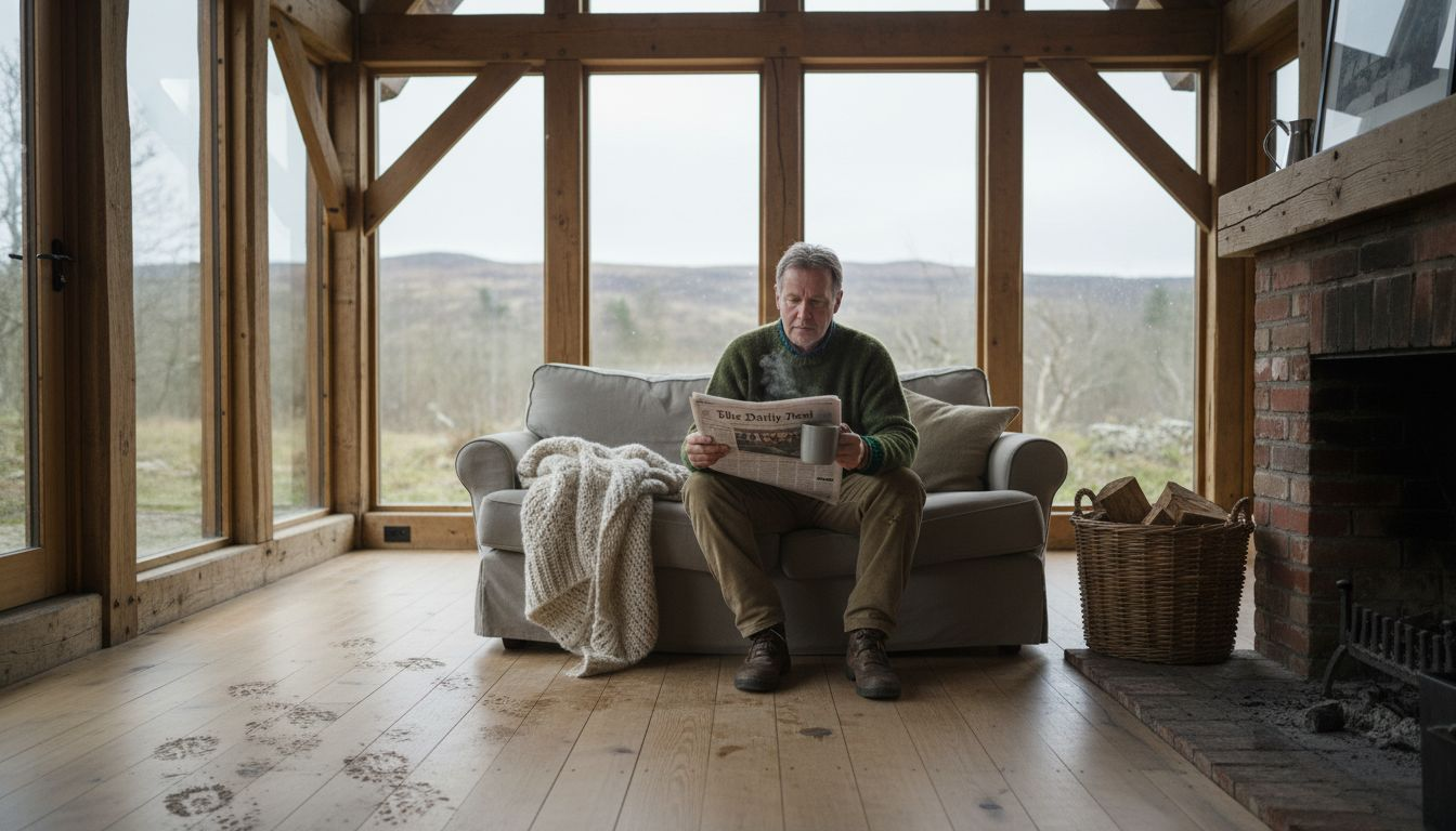 Timber beam interior with homeowner reading