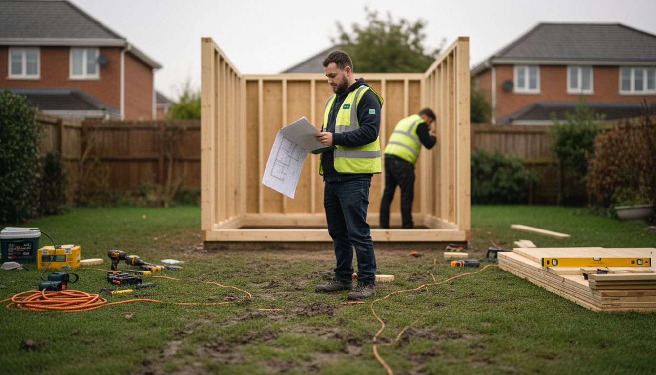 Installers building timber garden office cabin