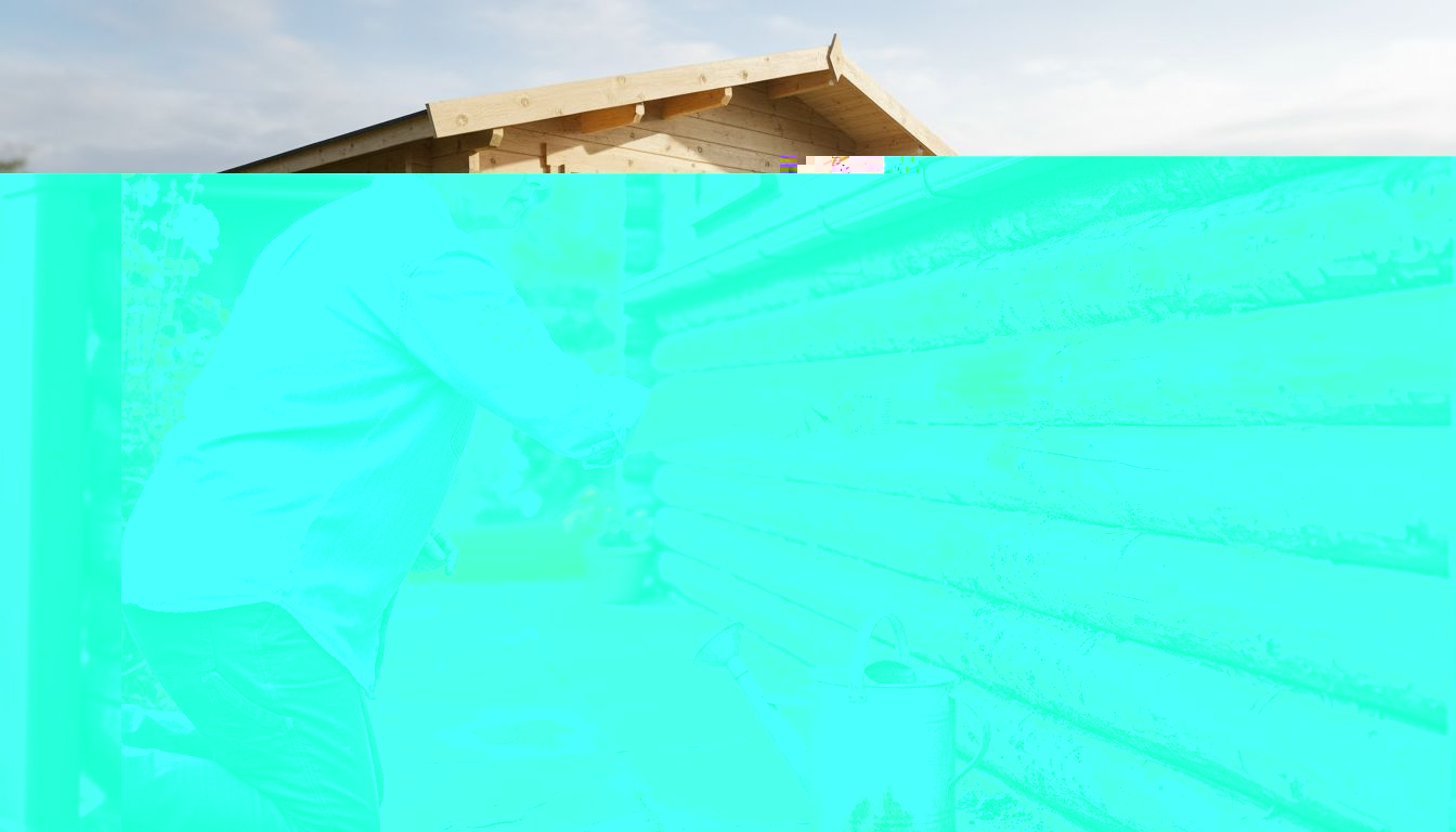 Applying wood treatment to garden log cabin