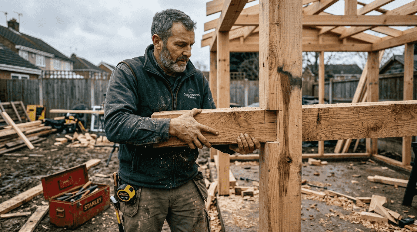 Joiner building cabin with premium timber details