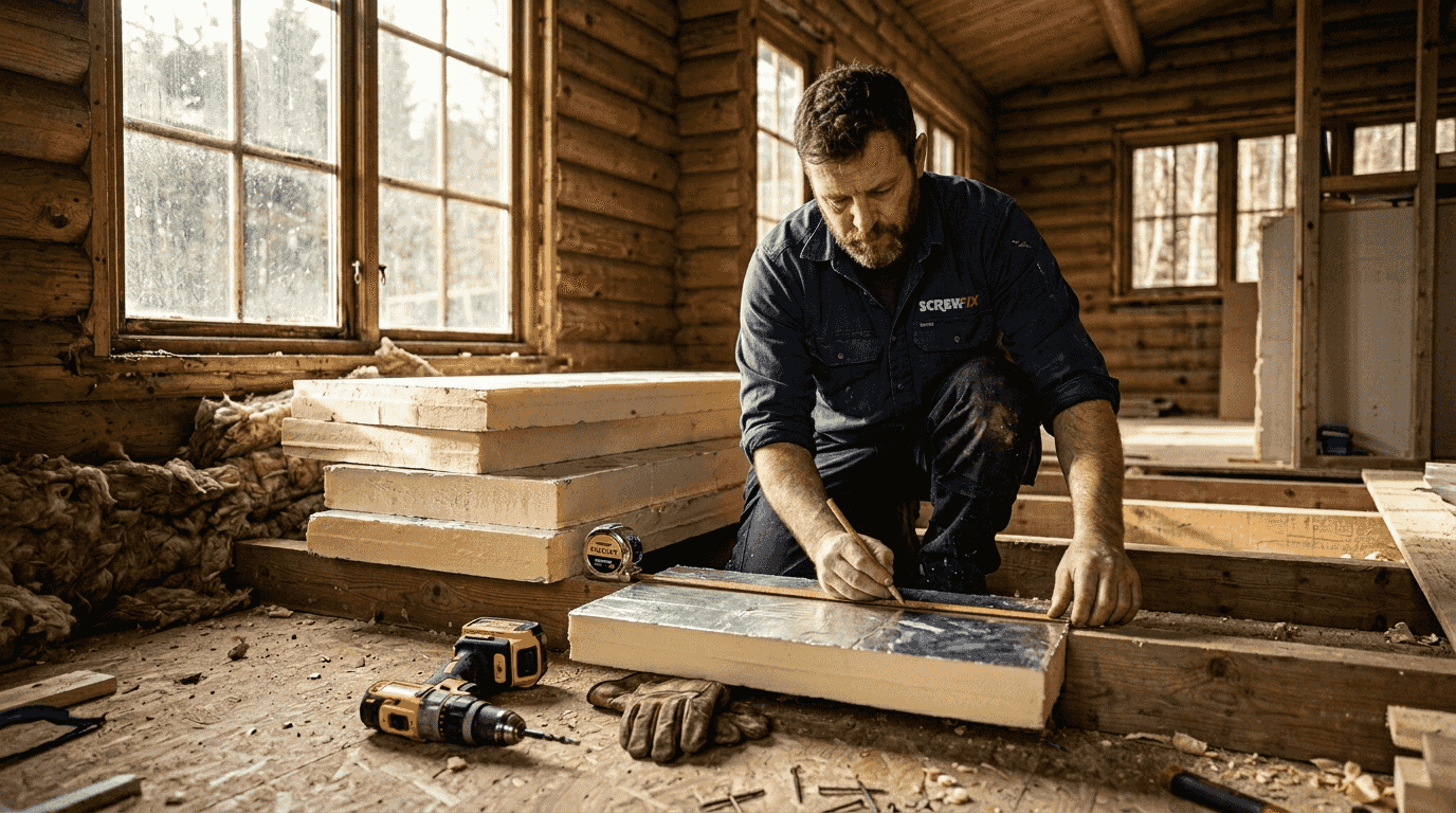 Worker measuring PIR foam board for floor