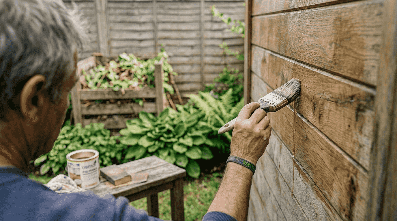 Person applying water-based finish to cabin