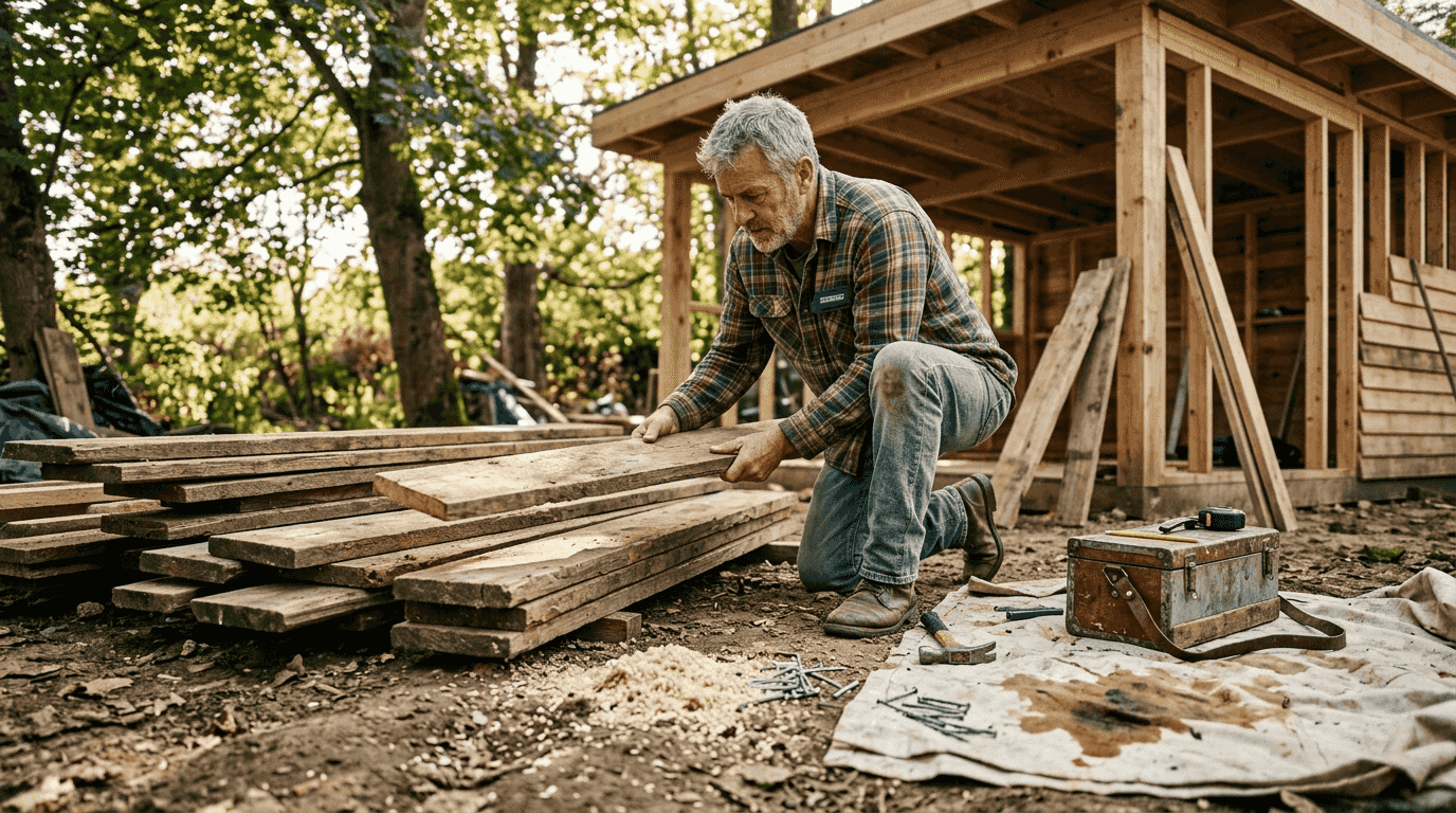 Carpenter stacking reclaimed timber materials