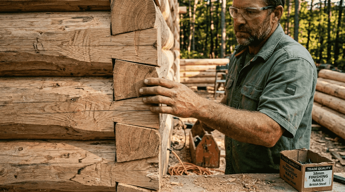 Closeup of dovetail log cabin joint