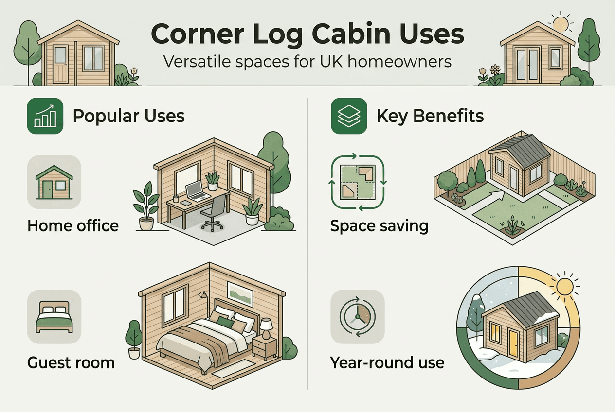 Infographic with uses and benefits of corner log cabin