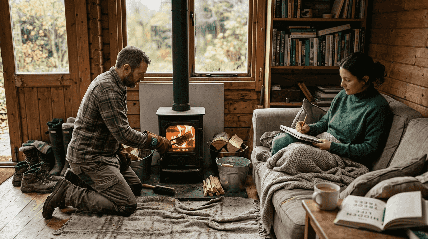Couple using wood burner in log cabin