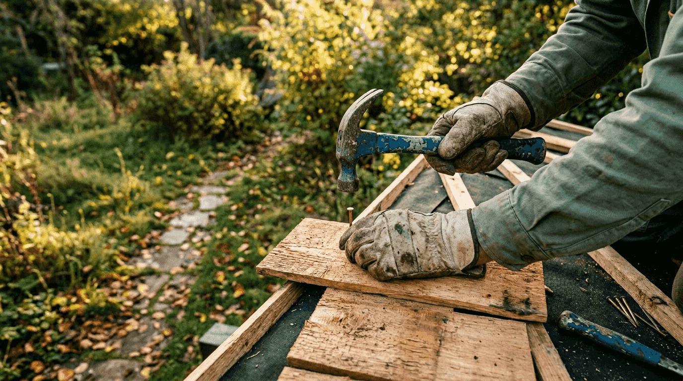 Hands nailing cedar shingles on roof