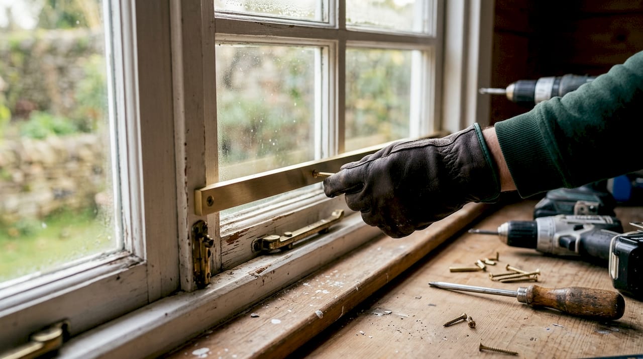 Close-up of security bar being installed