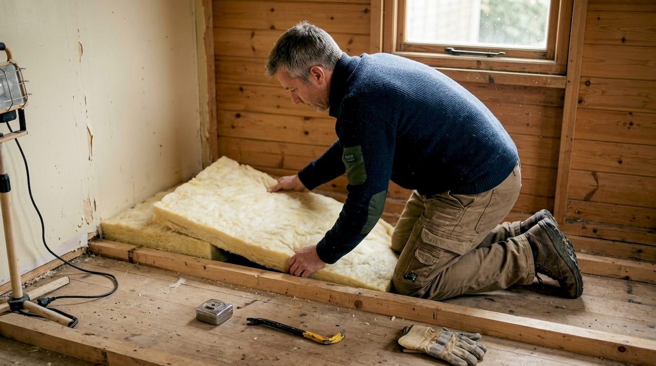 Man installing insulation inside cabin floor